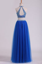 Load image into Gallery viewer, 2024 Halter Two Pieces A Line Prom Dresses Beaded Bodice Tulle Floor Length