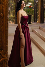 Load image into Gallery viewer, Unique A Line Burgundy Sweetheart Satin Strapless Prom Dresses, Evening SRS20448