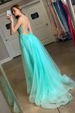 Load image into Gallery viewer, Spaghetti Straps High Slit Evening Dress Appliqued Sweep Train Long Prom SRSPK6C7A1K