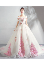 Load image into Gallery viewer, Unique Off The Shoulder Tulle Wedding Dress With Pink Flowers Ball Gown Wedding SRSPQ4NB2CL
