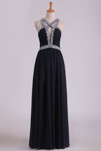 Load image into Gallery viewer, 2024 Sexy Open Back A Line Prom Dresses Chiffon With Beads And Slit
