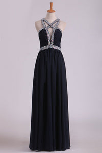 2024 Sexy Open Back A Line Prom Dresses Chiffon With Beads And Slit