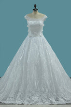 Load image into Gallery viewer, 2024 New Arrival Wedding Dresses A Line Scoop Tulle With Applique Cathedral Train