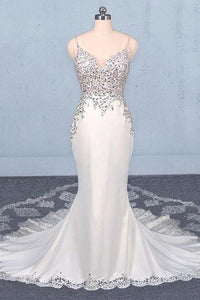 Spaghetti Straps Mermaid Wedding Dress with Lace, V-neck Wedding Dresses SRS15418