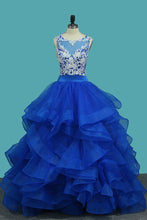 Load image into Gallery viewer, 2023 Tulle Scoop A Line With Applique Floor Length Prom Dresses
