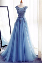 Load image into Gallery viewer, Charming Blue Long Lace Tulle Open Back Lace Up Princess Prom Dresses