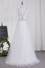 Load image into Gallery viewer, 2023 Wedding Dresses Tulle Scoop A Line With Applique And Beads Sweep Train