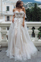 Load image into Gallery viewer, Princess A Line Off the Shoulder Sweetheart Beach Wedding Dresses with Appliques SRS15585