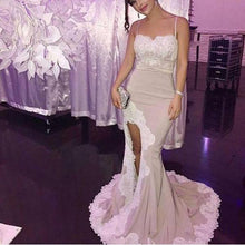 Load image into Gallery viewer, Spaghetti White Lace Sexy Mermaid Side Slit Popular Cheap Prom Dresses Bridesmaid Dress RS688