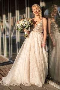 Elegant A Line Beads V Neck Spaghetti Straps Tulle Prom Dresses, Evening SRS20405