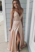 Load image into Gallery viewer, Modest Spaghetti Straps Long V-Neck Open Back Pink Beading Prom Dresses