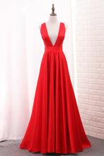 Load image into Gallery viewer, 2023 Deep V Neck Satin Evening Dresses A Line Open Back