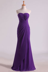 2023 Hot Purple Sweetheart Ruffled Bodice Floor Length Sheath Chifoon Evening Dresses