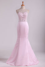 Load image into Gallery viewer, 2024 Halter Floor Length Mermaid Prom Dresses Open Back Satin With Beads &amp; Rhinestones