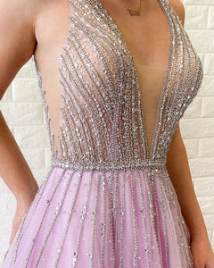 A Line Lilac Deep V Neck Beads Modest Tulle Prom Dresses, Long Formal Dresses SRS15490