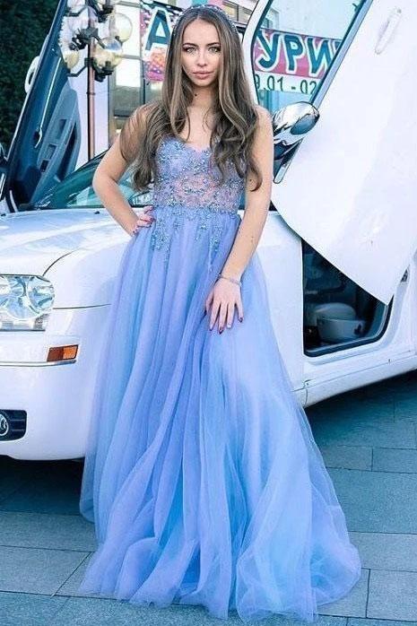 A Line Spaghetti Straps Sky Blue Tulle Long Prom Dress With Appliques
