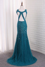 Load image into Gallery viewer, 2024 Straps Mermaid Prom Dresses Tulle With Beads And Slit Open Back