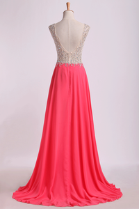 2024 V Neck Beaded Bodice Prom Dresses A Line Sweep Train Chiffon&Tulle