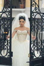 Load image into Gallery viewer, 2024 Off The Shoulder Wedding Dresses A Line Tulle With Beading Floor Length
