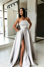 Load image into Gallery viewer, Elegant Strapless Long Silver Satin Simple Prom Dresses With Pockets