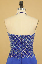 Load image into Gallery viewer, 2024 Dark Royal Blue Halter Mermaid Prom Dresses Beaded Bodice Satin Sweep Train