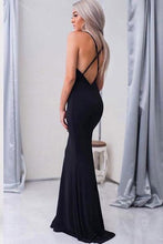 Load image into Gallery viewer, Mermaid V-Neck Criss-Cross Straps Spaghetti Straps Sweep Train Black Satin Prom Dresses RS384