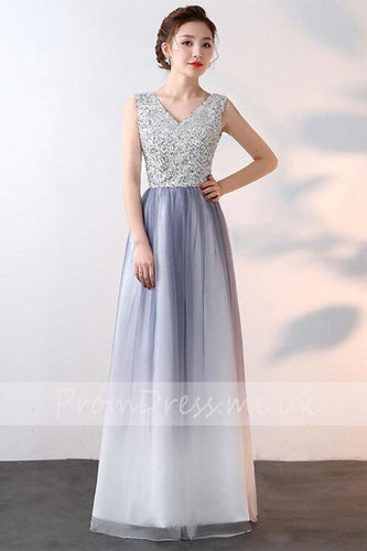 Elegant A-Line Ombre Tulle Beads V-Neck Sleeveless Open Back Prom Dresses RS536