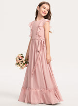 Load image into Gallery viewer, Jean Floor-Length With Scoop A-Line Chiffon Cascading Bow(s) Neck Junior Bridesmaid Dresses Ruffles