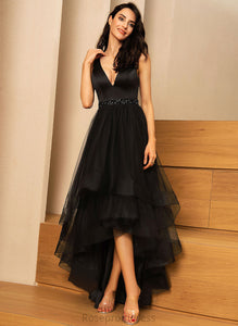 Laura V-neck A-Line Asymmetrical Tulle Beading Prom Dresses With