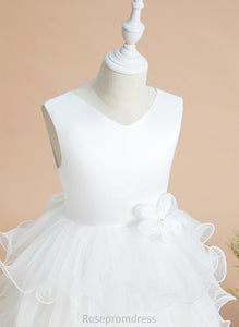- V-neck Ball-Gown/Princess Satin/Tulle Bow(s) Girl Flower Girl Dresses Sleeveless Jean Dress With Tea-length Flower