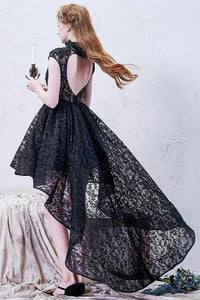 A-line High Neck Asymmetrical Lace Black Open Back High Low Modern Prom Dresses RS778