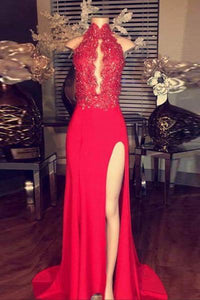 Red chiffon lace halter long slit dress evening dress for prom RS158