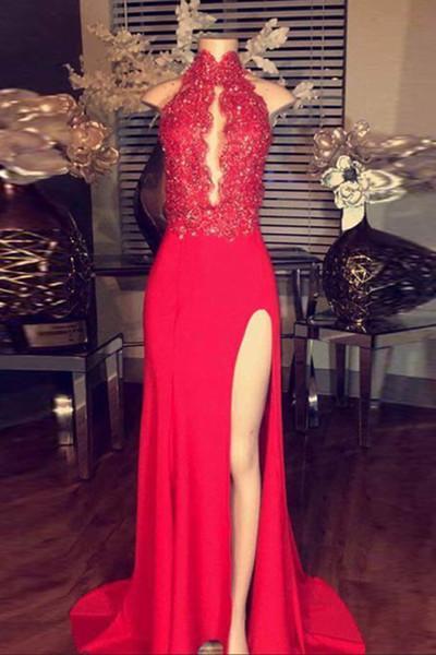 Red chiffon lace halter long slit dress evening dress for prom RS158