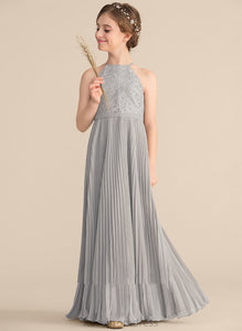 Junior Bridesmaid Dresses Olympia Floor-Length Lace Pleated Chiffon A-Line With Neck Scoop