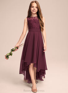 Janey A-Line Asymmetrical Neck Junior Bridesmaid Dresses Bow(s) Scoop Lace With Chiffon