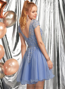 A-Line Neck Scoop Kira Short/Mini Beading Dress Tulle With Appliques Homecoming Lace Homecoming Dresses Lace