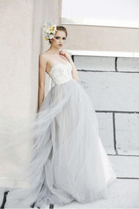 Sexy Top A-line White Lace Grey Tulle Strapless Sweetheart Neck Wedding Dress RS357