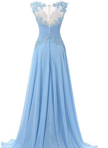 Fashion A-line Scoop Sweep Train Appliques Chiffon Sleeveless Light Blue Prom Dresses RS160