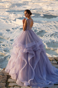 Elegant Ruffles Sweep Train Tulle A Line With Beading Prom Dresses