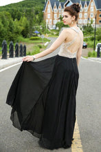 Load image into Gallery viewer, Classy A-line Scoop Chiffon Tulle Crystal Detailing Black Open Back Prom Dresses RS525