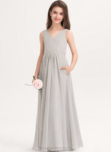 Load image into Gallery viewer, Floor-Length V-neck Roselyn Chiffon Pockets With A-Line Junior Bridesmaid Dresses