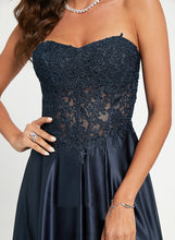 Load image into Gallery viewer, Prom Dresses A-Line Sweetheart Satin Suzanne Train Sweep Lace
