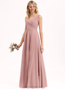 Silhouette Floor-Length Ruffle A-Line V-neck Length Neckline Embellishment Fabric Lydia Natural Waist A-Line/Princess Bridesmaid Dresses