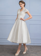 Load image into Gallery viewer, A-Line Lace Satin Ruffle Dress Tea-Length Wedding With Evangeline Wedding Dresses Pockets V-neck