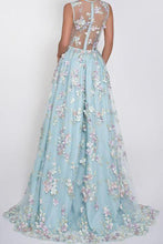 Load image into Gallery viewer, V-Neck Sleeveless Blue Tulle Appliques Affordable Long A-line Sleeveless Prom Dresses RS512
