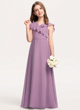 Load image into Gallery viewer, With Junior Bridesmaid Dresses A-Line Ruffles Floor-Length Bow(s) Cascading Chiffon Cloe V-neck