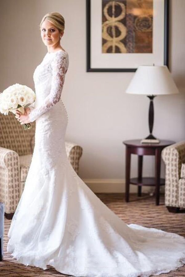 Charming Lace Long Sleeves Open Back With Trailing Wedding Dresses