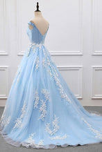 Load image into Gallery viewer, 2024 Sky Blue Appliques Charming Ball Gown Off-the-Shoulder V-Neck Prom Dresses RS573