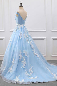 2024 Sky Blue Appliques Charming Ball Gown Off-the-Shoulder V-Neck Prom Dresses RS573