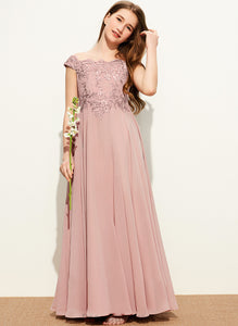 Cristal A-Line Floor-Length Chiffon Lace Off-the-Shoulder Junior Bridesmaid Dresses